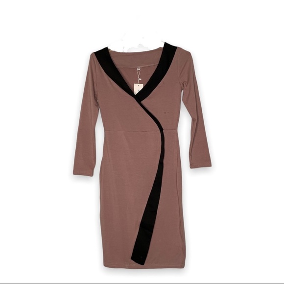 Mocha Brown Dress Contrast Trim Bodycon Stretch Sexy Business Casual Small - Picture 5 of 5